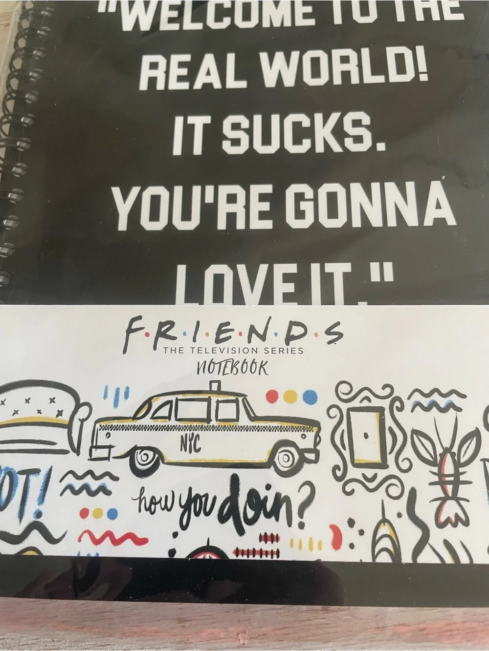 Friends TV Series Black Spiral Notebook - 'Welcome to the Real World! It Sucks.